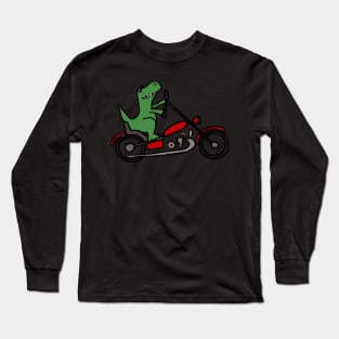 Funny Green T-Rex Dinosaur Riding Red Motorcycle Art Long Sleeve T-Shirt